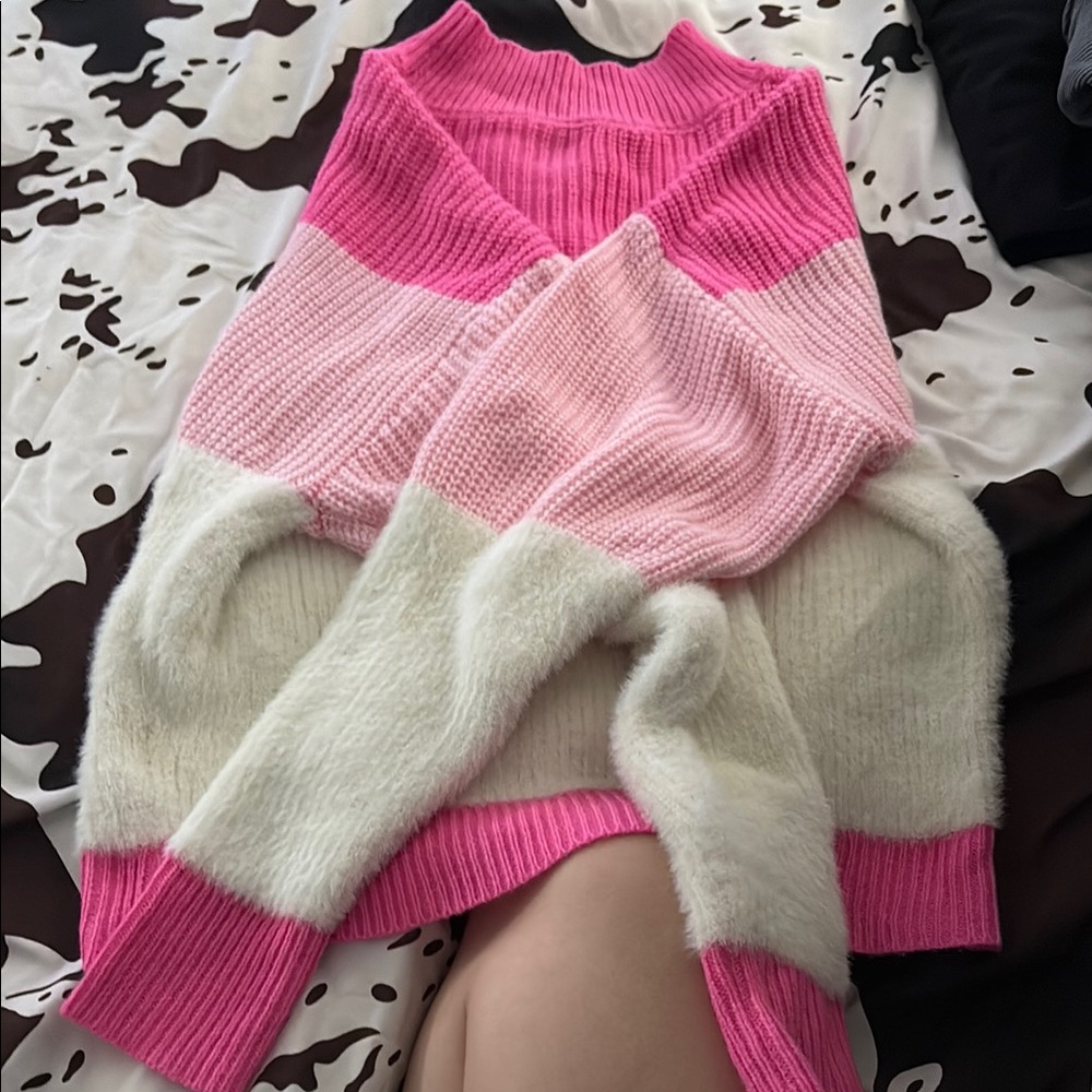 Pink and White Women's Sweater